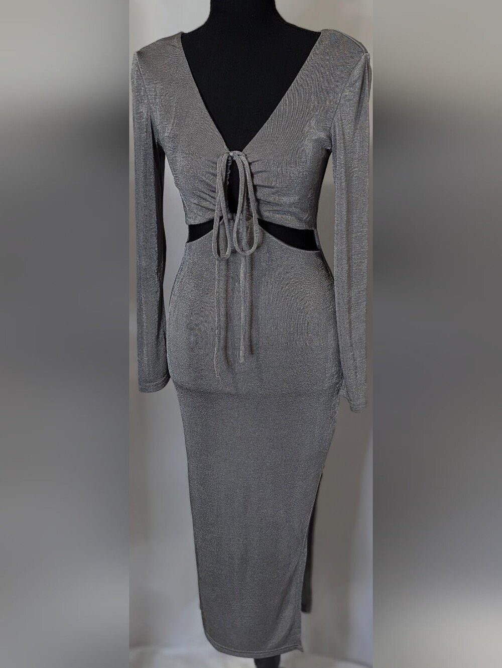 Lena Silver Metallic Cutout Tie Front Long Sleeve Midi Dress S
